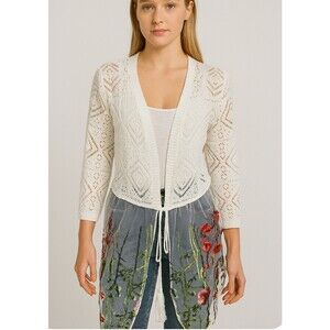 NEW Absolutely Famous Cardigan front tie cardigan with sheer floral bottom SZ L